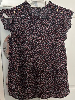 LOFT Black Floral Ruffle Sleeve Blouse